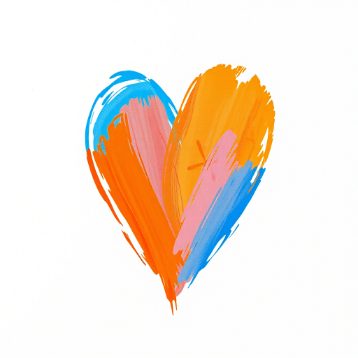 Create a colorful heart illustration combining blue and orange brush strokes on a white background, using a high-resolution digital camera, 50mm lens, f/2.8 aperture, natural lighting, and a soft focus effect.