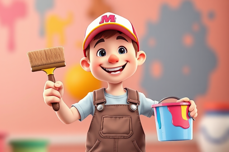 Create an illustration of a cheerful cartoon painter with a paintbrush in one hand and a paint bucket in the other, wearing overalls and a cap, bright colors, high resolution, shot with a digital camera at f/2.8, 50mm lens, soft focus background, vibrant lighting.