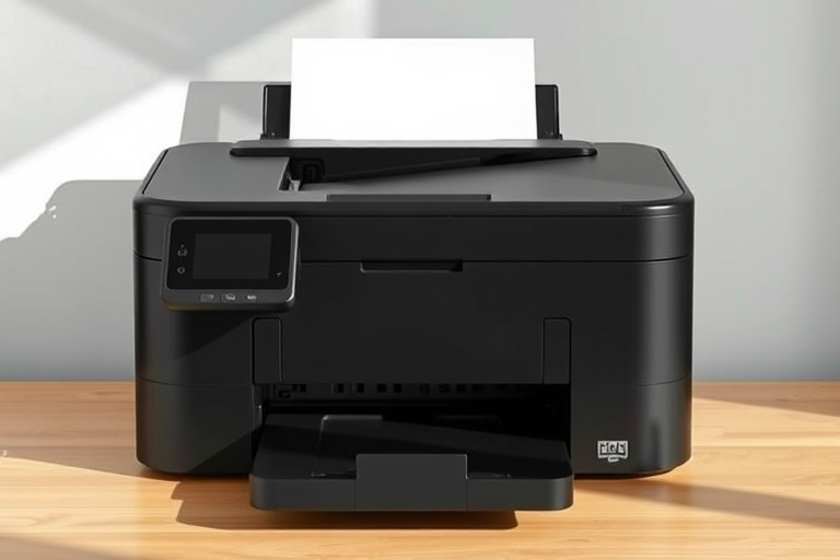 Create a high-resolution vector illustration of a modern black printer with an open paper tray, taken from a slight overhead angle, using a DSLR camera with aperture set to f/8, ISO 100, shutter speed 1/125s, and soft natural lighting.