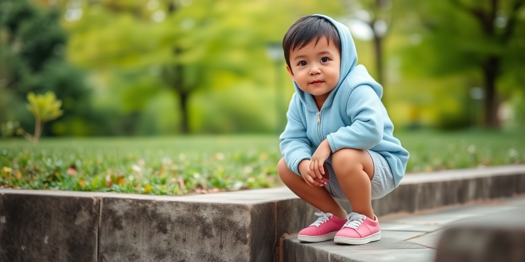 A young child squatting on a stone step in a lush green park, wearing a light blue hoodie and pink shoes, captured with a shallow depth of field, using a DSLR camera with a 50mm lens at f/1.8, ISO 200, and a shutter speed of 1/500s.
