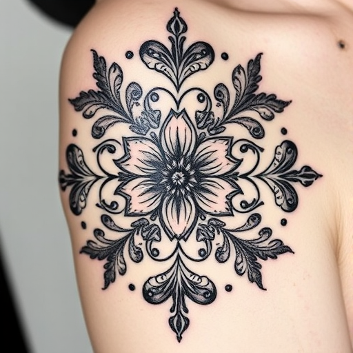 Ornamental blackwork tattoo named "Lace Legacy" showcasing intricate floral and filigree designs inspired by vintage lace patterns with delicate shading and negative space