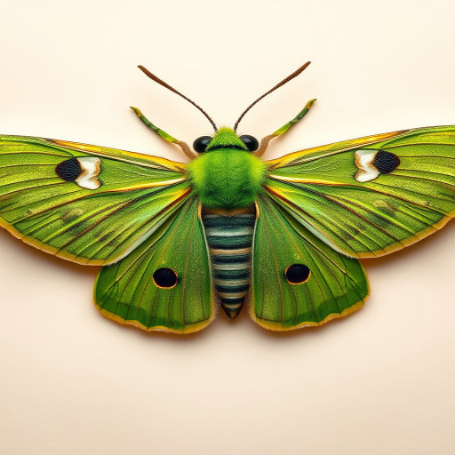 Create a highly detailed, symmetrical illustration of a green striped moth on a soft beige background, using a DSLR camera with a macro lens, f/8 aperture, ISO 100, 1/125 sec shutter speed, top-down view, focusing on vibrant colors and textures.