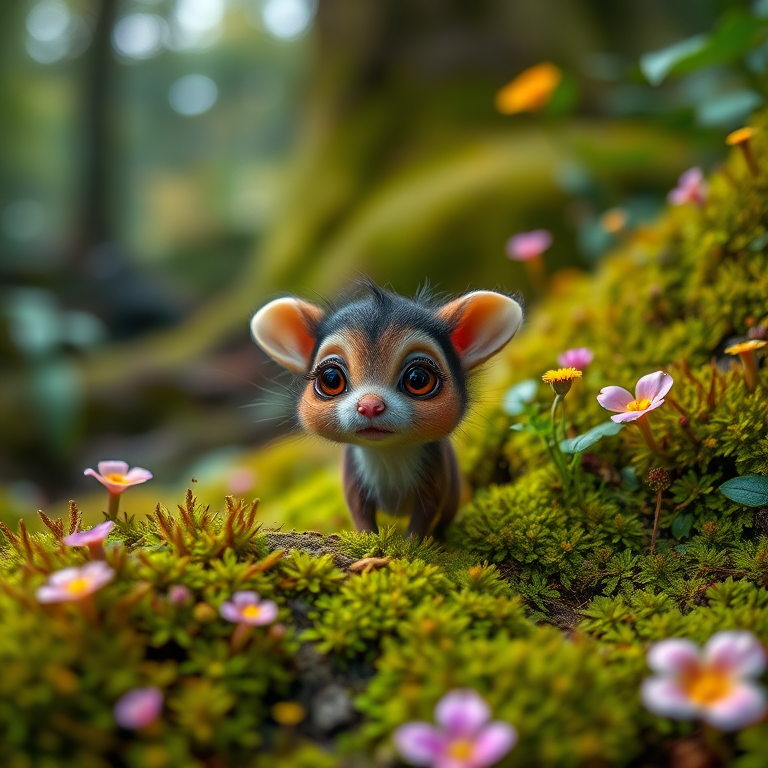 a whimsical creature with big eyes and fur, standing amidst vibrant moss and flowers in a lush forest, shot with a 50mm lens at f/1.8 for a shallow depth of field, natural light, with a soft focus background, using a DSLR camera