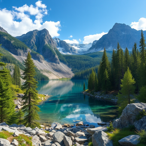 Create a vibrant illustration of a serene mountain landscape with a clear lake, lush green pine trees, and rocky terrain, using a Canon EOS R5 camera with a 24-70mm lens at f/8, ISO 100, and a shutter speed of 1/250 seconds, capturing a wide-angle view in a cinematic style to enhance the colors and details.