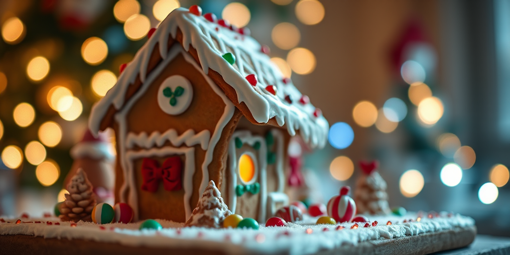 gingerbread house decorated with icing and candies in a festive setting with soft bokeh lights in the background, capturing a warm and cozy atmosphere, shot with a Canon EOS R5 using 50mm lens at f/1.8, ISO 200, 1/125 sec, with a shallow depth of field for enhanced focus on the house edge