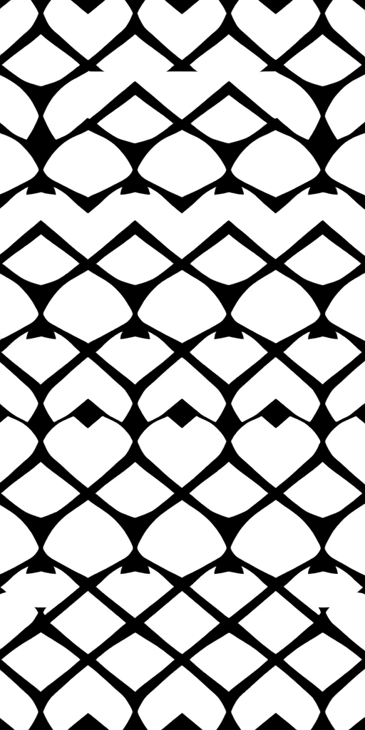 Create a high-contrast black and white repeating pattern of interlocking diamond shapes with sharp edges, focus on symmetry and precision, camera settings: ISO 100, f/8, 1/200s, camera view: top-down, camera style: vector art, camera type: digital illustration.