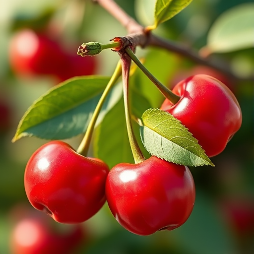 Create a vibrant illustration of three red cherries with green leaves, using a Canon EOS R5, f/4 aperture, ISO 100, 50mm lens, with a shallow depth of field and soft natural lighting to enhance colors and detail.