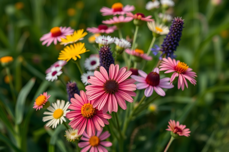 vibrant bouquet of various wildflowers in a lush green setting, macro shot with a shallow depth of field, f/2.8 aperture, ISO 100, 100mm lens, natural light, DSLR camera