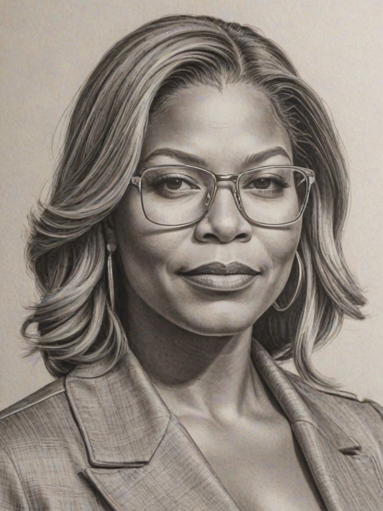Stunning Queen Latifah, pencil sketch, portrait of Attractive woman 1975s in glasses, hair style beatnik, outline, clear lines, fine lines, 8k