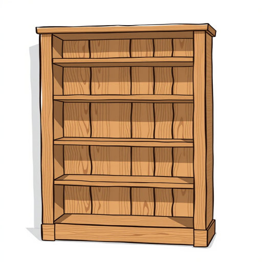 Create an illustration of a wooden bookshelf with four shelves, angled slightly to the right, using a DSLR camera with a 50mm lens, aperture f/2.8, ISO 100, and a shallow depth of field for enhanced visual quality.