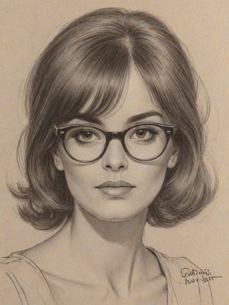 Magnificent Emmy Lou Harris, pencil sketch, portrait of Captivating woman 1963s in glasses, hair style beatnik, outline, clear lines, fine lines, 8k
