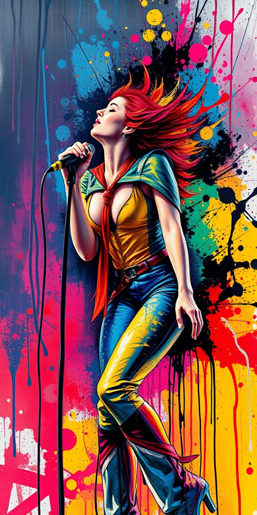 A dynamic Color Fusion image.  Visceral splashes and drips of paint coalesce into a dynamic, pulsating of a supersinger on stage.  color flashes  around her. This style emphasizes  using bold contrasting colors and dynamic color mixing techniques. It focuses on creating energetic and vibrant pieces through spontaneous blending.