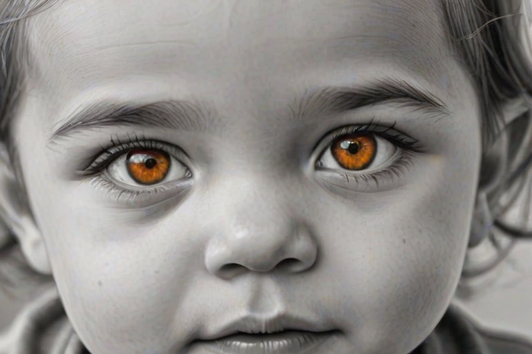 A hyperdetailed photorealistic black and white sketch of a beautiful toddler with deep orange eyes, with a macro focus