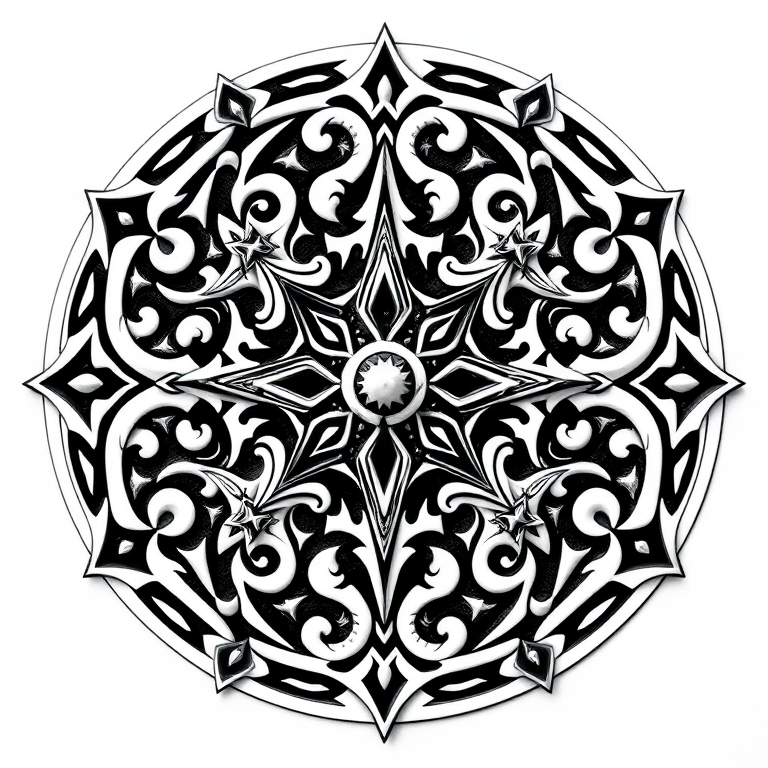 Create a highly detailed black and white illustration of an intricate mystical symbol with swirling patterns and organic shapes, captured with a DSLR camera at f/4, ISO 100, 1/125s, using a macro lens to emphasize texture and depth, shot from a straight-on perspective to highlight symmetry.