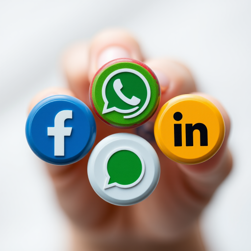 Create an image featuring four circular icons for social media platforms: Facebook, Google+, WhatsApp, and LinkedIn, using a high-resolution DSLR camera with a 50mm lens, aperture set at f/2.8, ISO 100, and a shallow depth of field for a soft background.