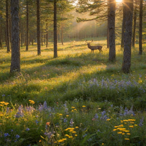 Forest clearing bathed in golden light, with wildflowers in bloom and a deer grazing peacefully in the distance.