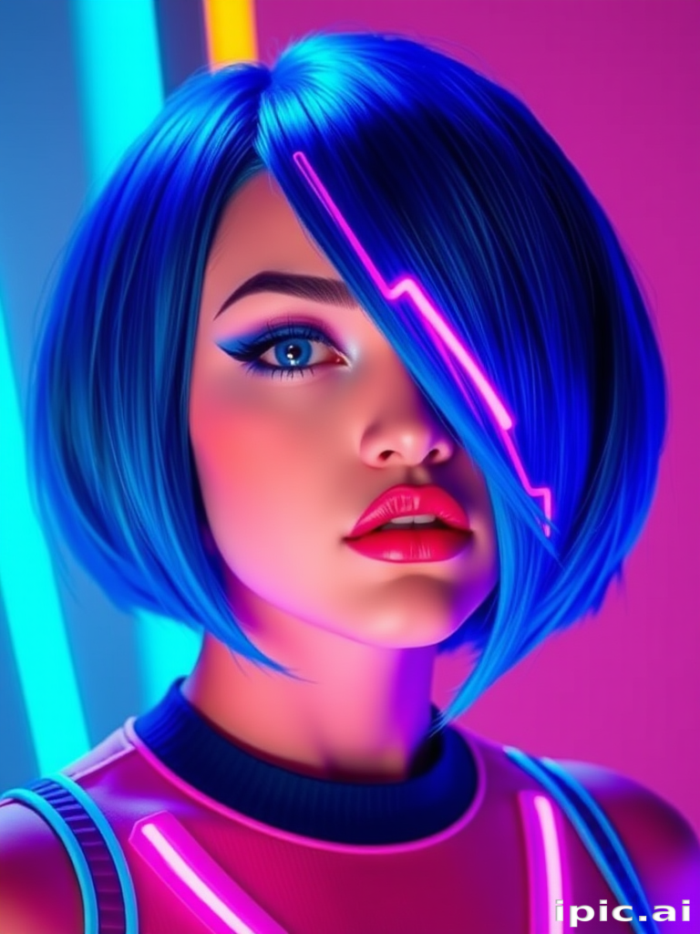 Electric blue bob with "Neon Nights" design showcases a geometric cut and vibrant neon accents for a futuristic look