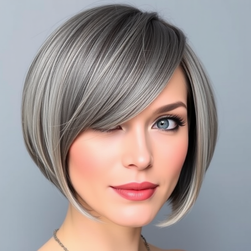 Striking monochromatic grey-haired icon with a sleek, chin-length bob featuring a precise middle part and blunt ends