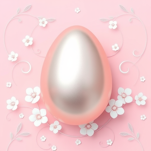 Create a high-resolution digital Easter card featuring a large, shiny egg in the center with a soft reflection, surrounded by delicate white floral swirls and patterns on a pastel pink background, using an aperture of f/4 for sharp details, ISO 100 for clarity, and a 50mm lens for a shallow depth of field, capturing the image with a DSLR camera.