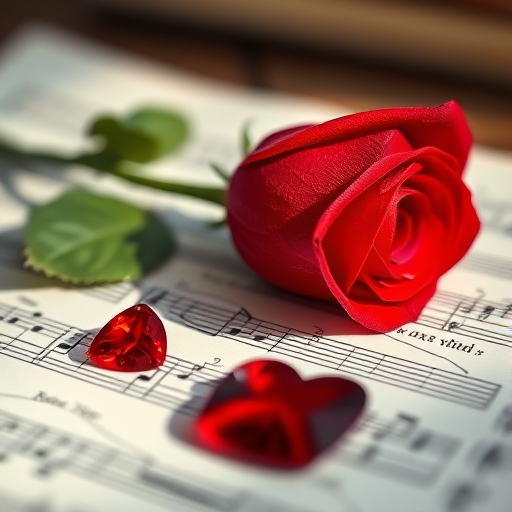 A close-up shot of a red rose placed on a sheet of music with a heart-shaped red gemstone beside it, soft natural lighting, shallow depth of field, using a DSLR camera with a 50mm lens, aperture set at f/2.8, ISO 100, capturing intricate details and vibrant colors.