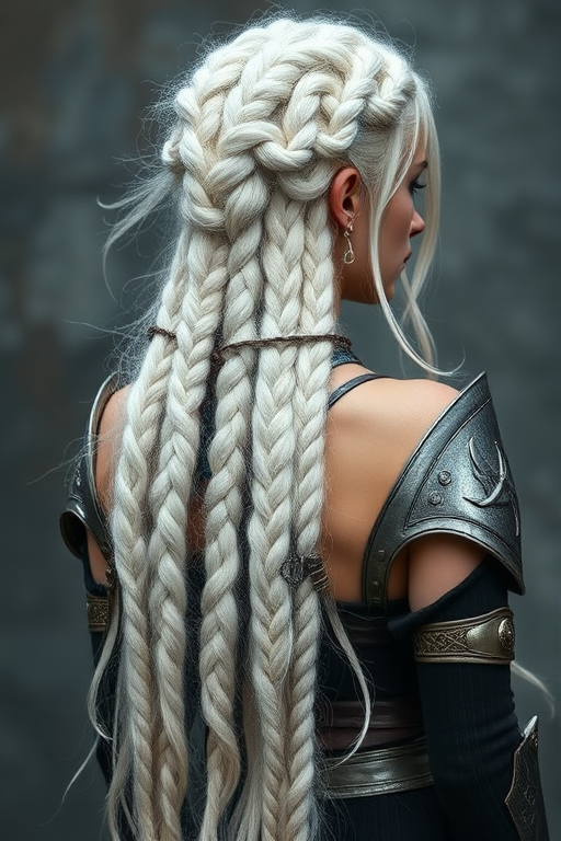 Silvery white waist-length braids adorned with metallic cuffs, dubbed "Moonlight Warrior," showcasing an ethereal, elven-inspired look with wispy tendrils
