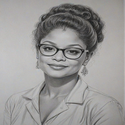 Resplendent Debbie Allen, pencil sketch, portrait of Beauteous woman 1964s in glasses, hair style beatnik, outline, clear lines, fine lines, 8k