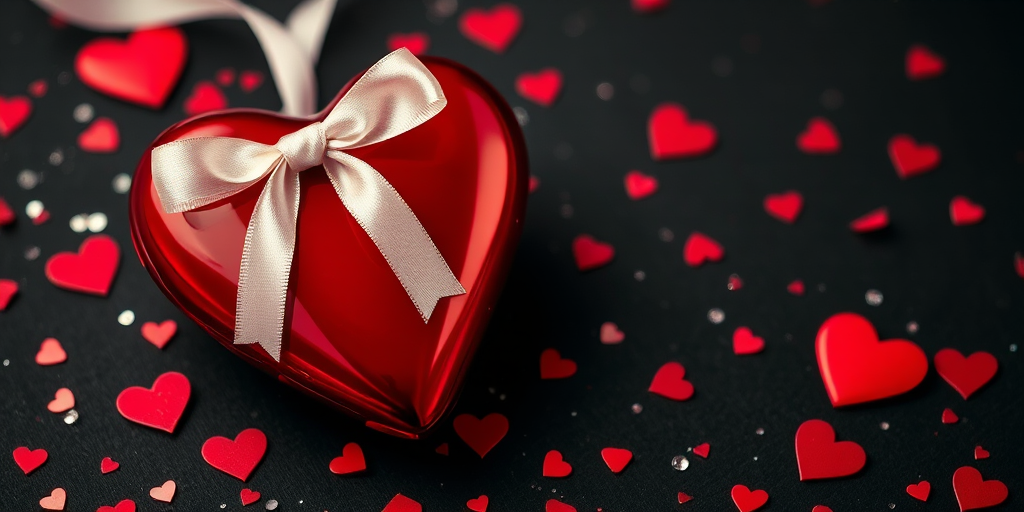 Create a romantic image featuring a shiny red heart adorned with a white ribbon, surrounded by smaller red hearts and sparkling confetti on a black background, captured with a Canon EOS R5, 50mm lens, f/1.8 aperture, 1/200s shutter speed, ISO 100, with soft lighting for enhanced texture and contrast, emphasizing the celebratory theme of Valentine's Day.
