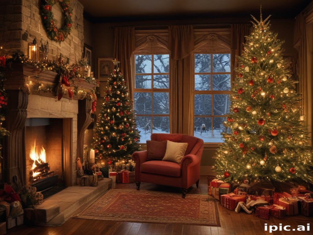 A Cozy Christmas Living Room with Beautifully Decorated Trees and Fire.