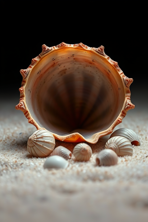 photograph of a large, intricate shell resting on fine sand with smaller shells surrounding it, taken with a macro lens at f/2.8, ISO 100, 1/200 sec, in a dark studio setting with soft, diffused lighting to enhance textures and colors.