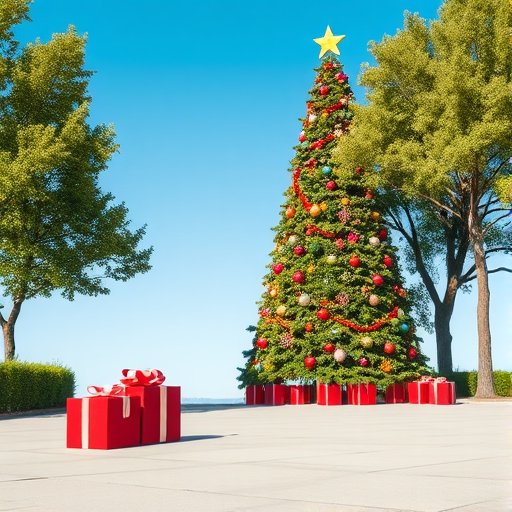 Generate an image of a festive outdoor scene featuring a tall Christmas tree decorated with colorful ornaments. The tree is surrounded by lush green trees, and there are red gift boxes placed on a smooth, light-colored pavement. The sky is clear and blue, creating a cheerful holiday atmosphere.