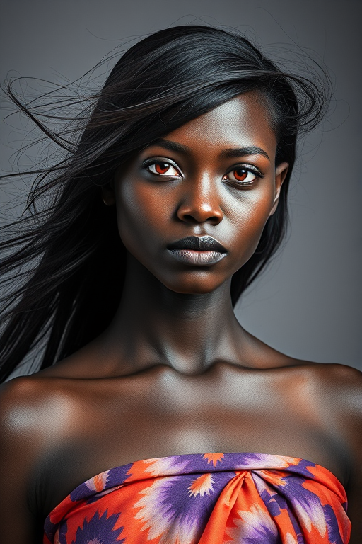 Photographic image of a beautiful young Kikuyu woman, red eyes, lips with black lipstick, long hair fluttering in the wind and wearing a silk strapless dress with a soft purple and orange print. monochrome image with only color highlights in the iris of the eyes, lipstick and dress. Gray background.