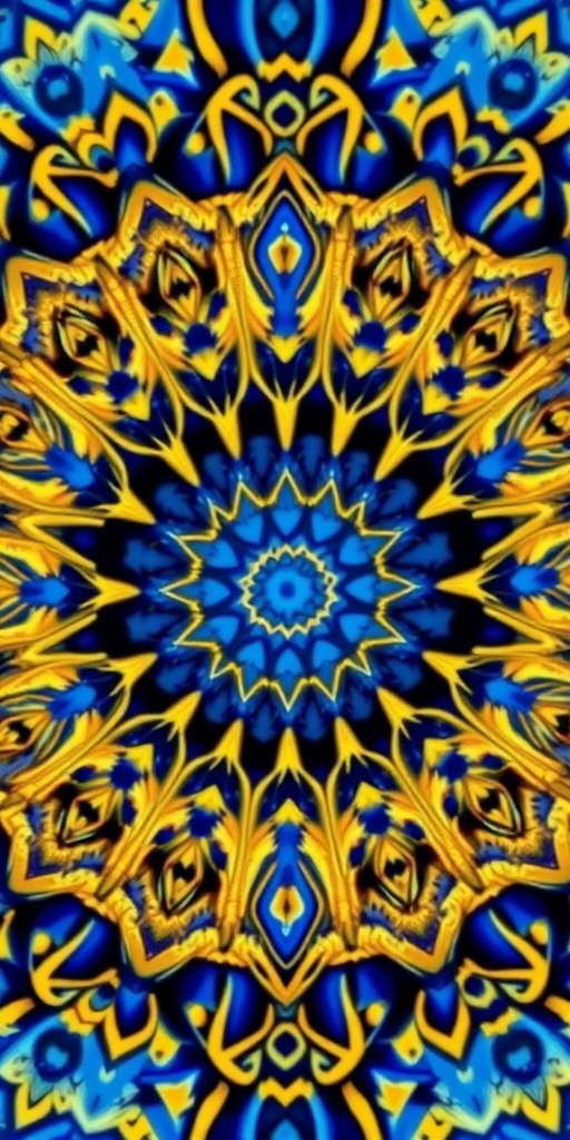 Generate a detailed mandala design with intricate blue and gold patterns in a kaleidoscopic style, using a macro lens, f/2.8 aperture, 100mm focal length, and natural light to enhance brightness and contrast.