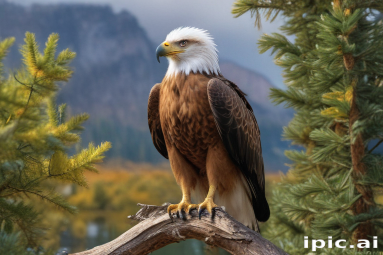 Majestic Eagle Perched on a Branch Overlooking a Scenic Landscape.