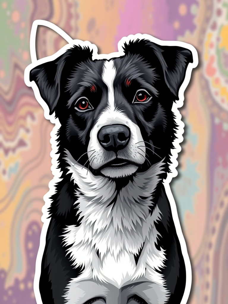 this photo is sticker, 3D black and white mutt dog breed, colorful background
