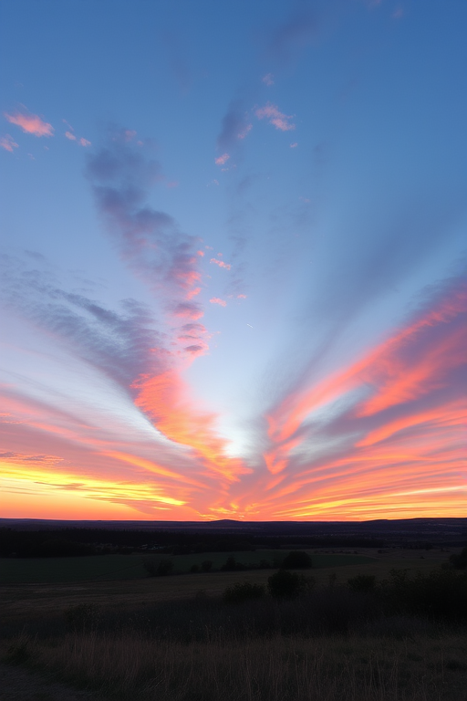 Create a high-resolution image of a serene landscape during sunset with vibrant colors, using a DSLR camera with a 24mm lens, aperture f/8, ISO 100, and a shutter speed of 1/125 seconds, captured from a wide-angle view to emphasize the expansive sky and foreground details.