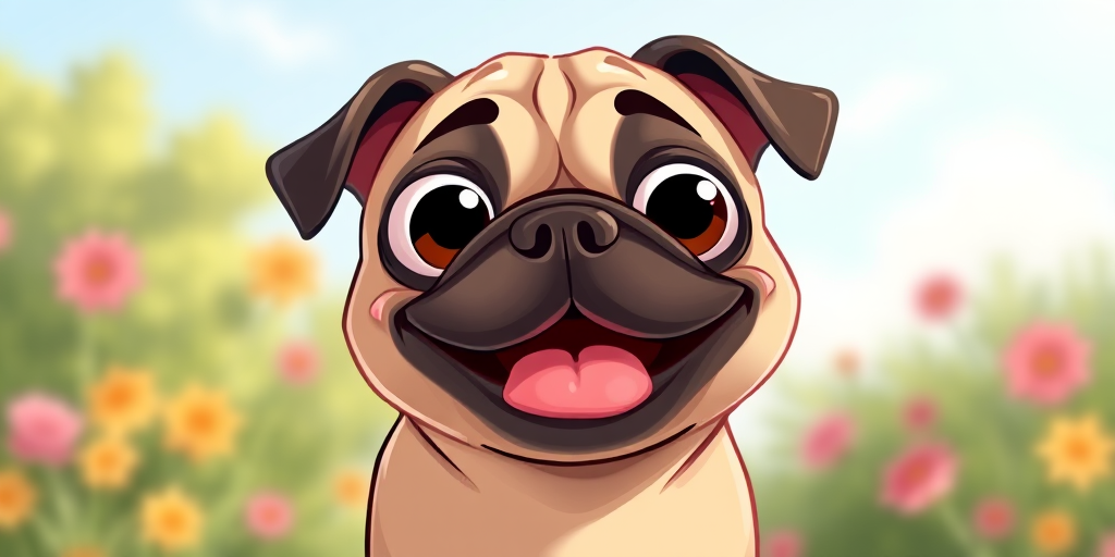 Create a vibrant illustration of a cartoon pug with exaggerated features like large eyes and a playful expression, capturing its joyful nature, using a wide-angle lens at f/8, 1/250s shutter speed, with natural lighting and a soft focus background to enhance the main subject.