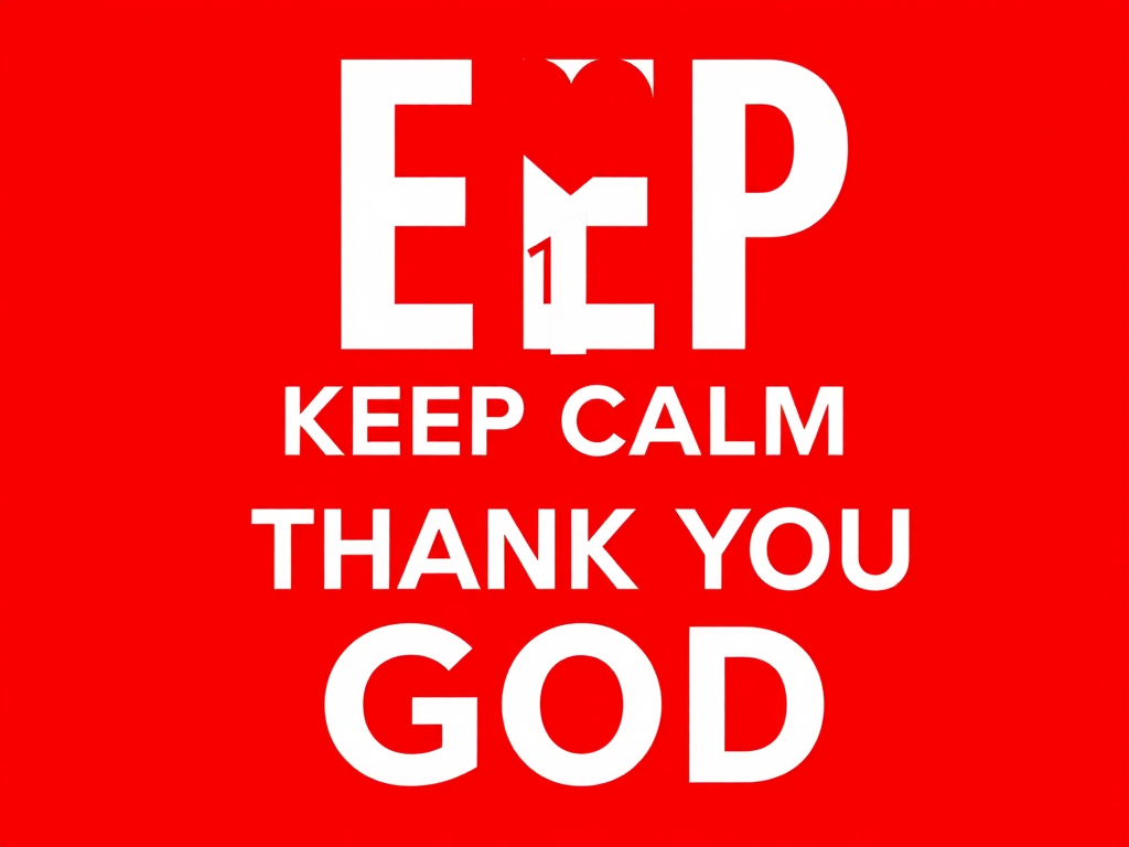 Create an image with a red background featuring large white text that says "KEEP CALM AND THANK GOD" with a bold red heart symbol above the number 1, captured with a DSLR camera, aperture f/2.8, ISO 100, 50mm lens, natural lighting, centered composition.