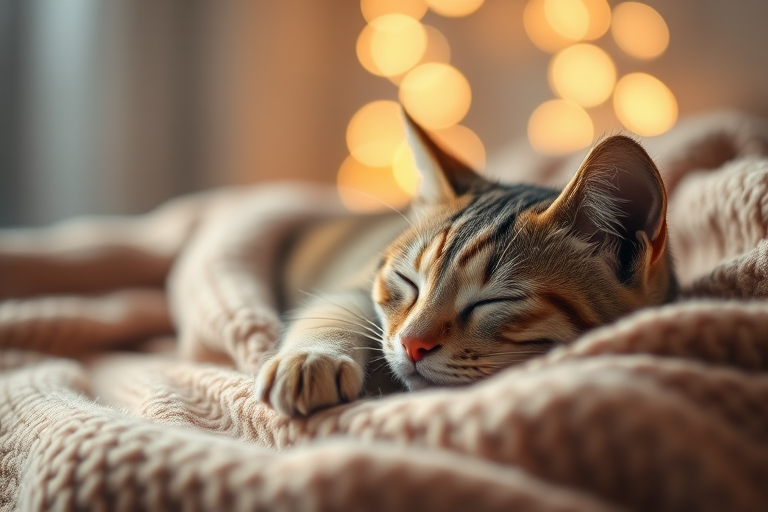 capture a serene scene of a sleeping cat on a cozy blanket with soft bokeh lights in the background, use a Canon EOS R5 with a 50mm f/1.2 lens, set aperture to f/1.2 for shallow depth of field, ISO 200 for clarity, and shutter speed at 1/125s for sharpness, in a soft, warm natural lighting style.