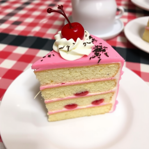 A slice of layered cake featuring pink frosting and cherries on top, with whipped cream and chocolate shavings, presented on a white plate, set against a checkered tablecloth background.