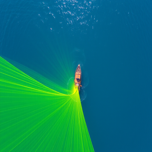 Aerial view of a fishing boat spreading a large green net in deep blue water, with a clear sky in the background, ISO 100, f/5.6, 1/400s, drone photography, high-resolution image.