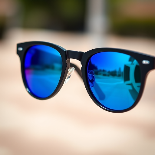 Create an ultra-realistic image of stylish black sunglasses with blue tinted lenses, shot with a Canon EOS R5 at f/2.8, ISO 100, 1/200 sec, in a close-up view against a blurred outdoor background, using a soft natural light style for enhanced contrast and clarity.