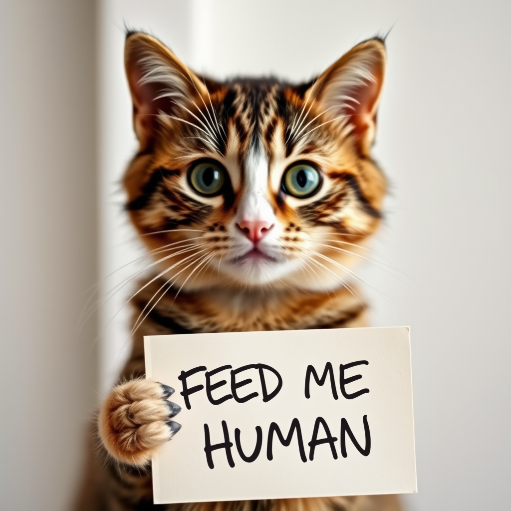 cat holding a note which says "FEED ME HUMAN"