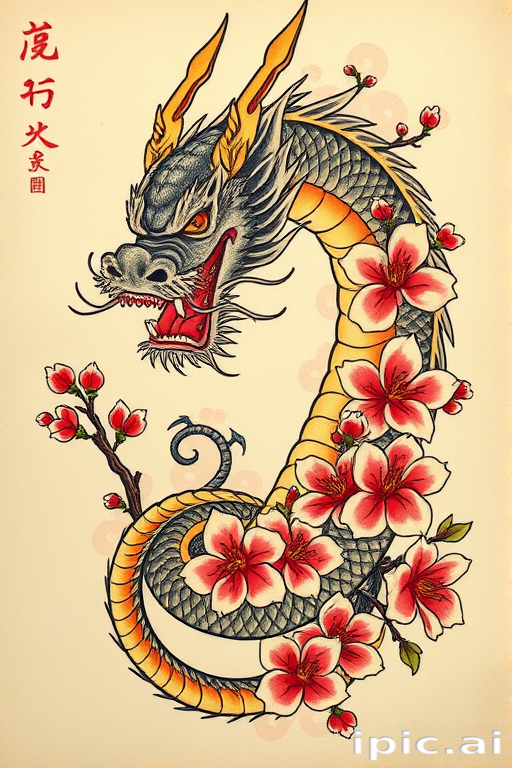 Traditional Japanese irezumi tattoo depicting a fierce dragon entwined with cherry blossoms, bold outlines and vibrant colors following time-honored techniques, rich cultural symbolism and storytelling