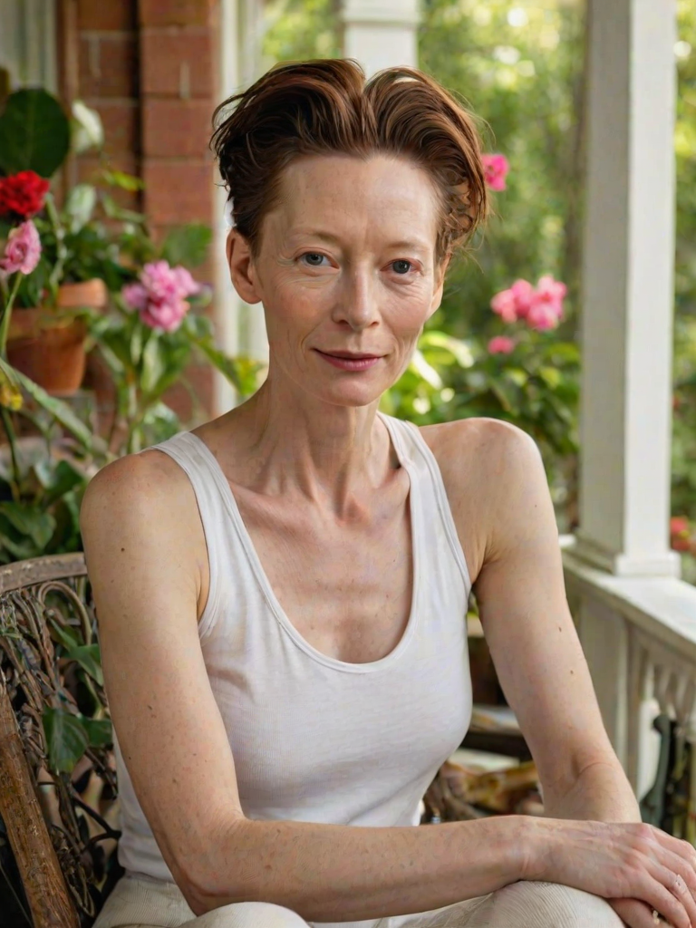 A photo of Tilda Swinton with a background of a cozy porch. She has dark hair pulled back in an updo, with tendrils framing her face. She wears a white tank top and sits on the porch. The porch is part of a well-lit home with a warm, earthy tone and colorful flowers and foliage. The overall scene has a warm, welcoming, and comfortable ambiance.