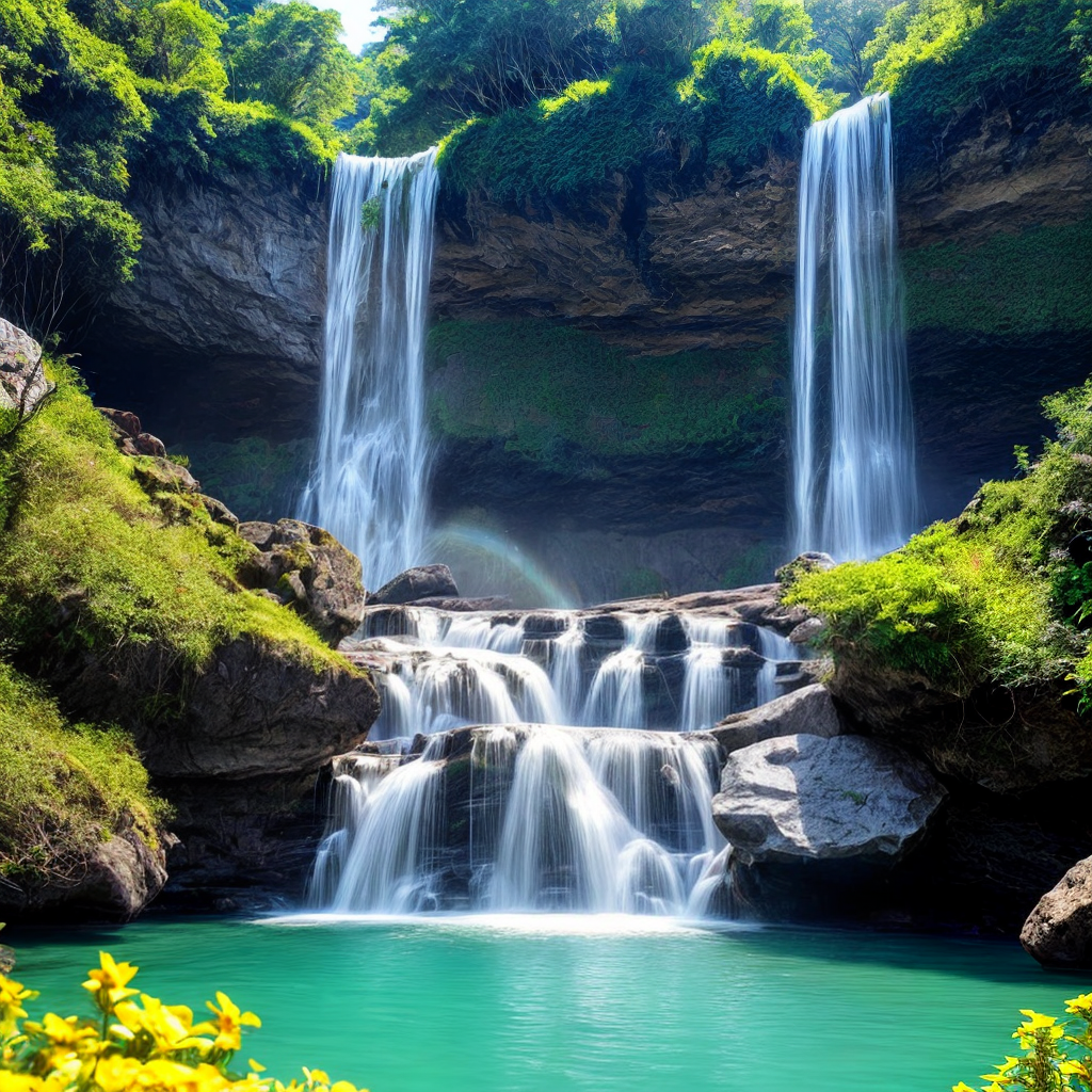 A majestic waterfall cascading down a rocky cliff, surrounded by lush ...