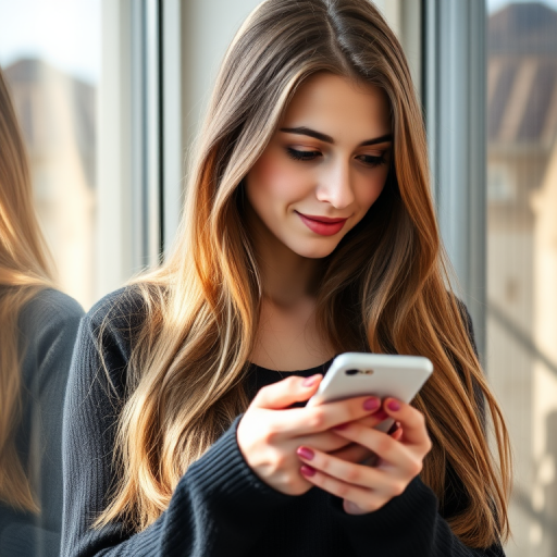 portrait of a young woman with long hair looking at her phone while standing by a window, natural light streaming in, shallow depth of field, f/2.8 aperture, 50mm lens, ISO 200, soft focus effect, DSLR camera