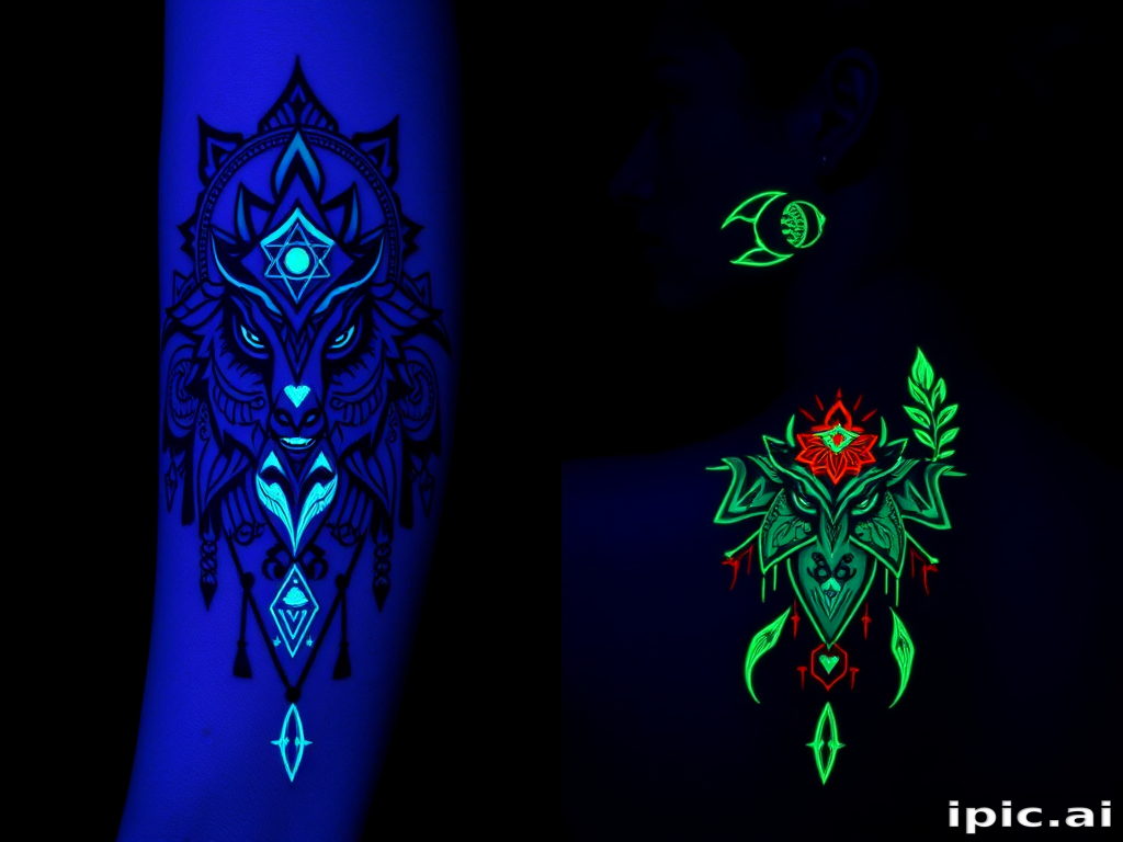 Mystical blacklight reactive tattoo called "Neon Shamanism" featuring tribal-inspired patterns and spirit animal motifs that remain nearly invisible in normal light but come to life with a vibrant glow under UV illumination intricate line work and sacred geometry elements blend seamlessly with the skin by day transforming into a luminous spiritual totem by night