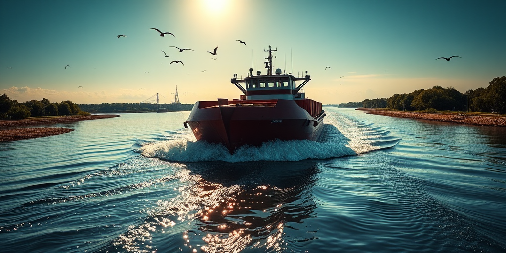 High-resolution photograph of a cargo barge on a river, taken from a low angle to emphasize the boat's movement, with a sunny sky and birds flying in the background, using a DSLR camera, aperture f/8, shutter speed 1/500 sec, ISO 200, wide-angle lens 18mm.