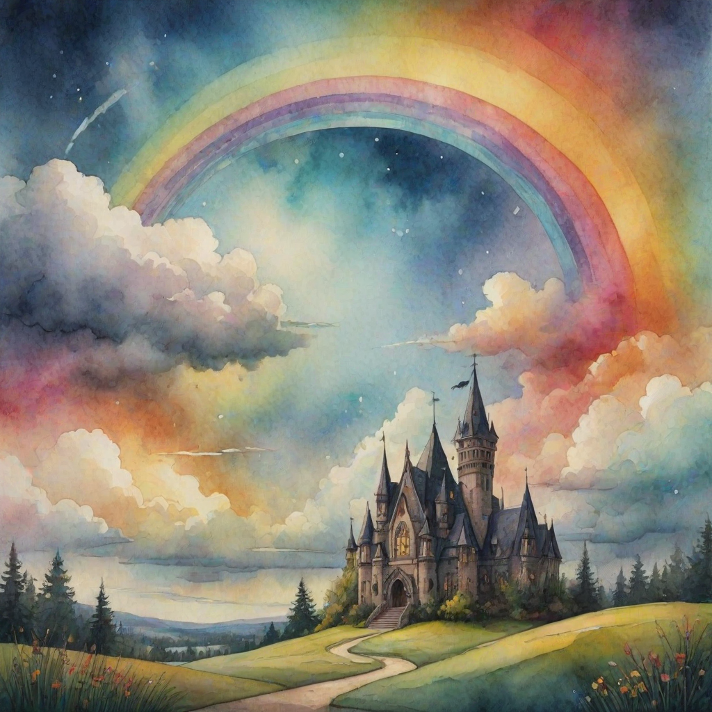 A whimsical and surreal sky with a vibrant rainbow, featuring dramatic lighting effects and a textured watercolor background, with a touch of gothic aesthetic.