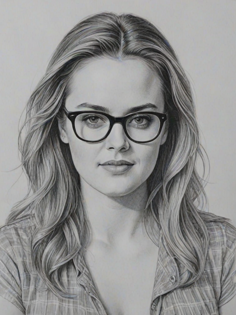 Gorgeous Alicia Silverstone, pencil sketch, portrait of Wonderful woman 1949s in glasses, hair style beatnik, outline, clear lines, fine lines, 8k